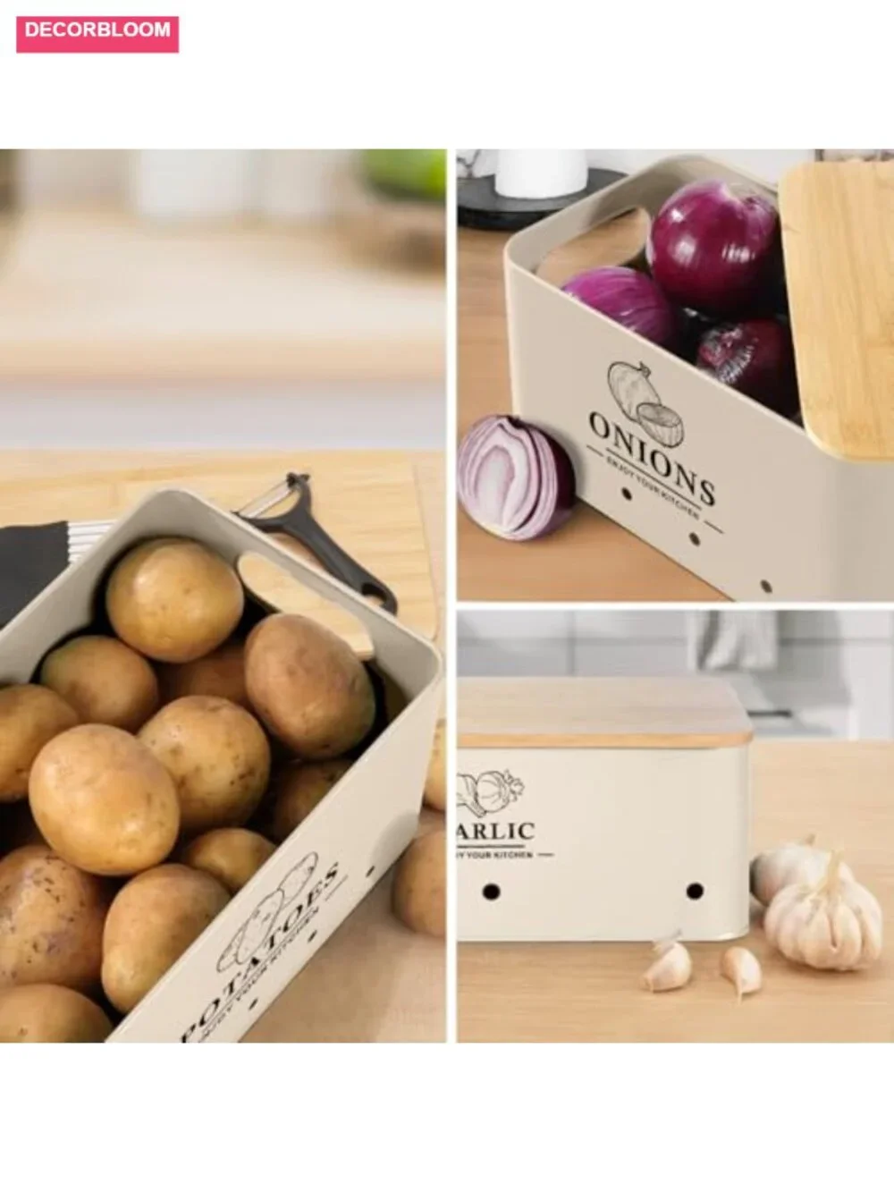 3-Piece Metal Vegetable Storage Set with Bamboo Lids, Aeration Holes, Kitchen